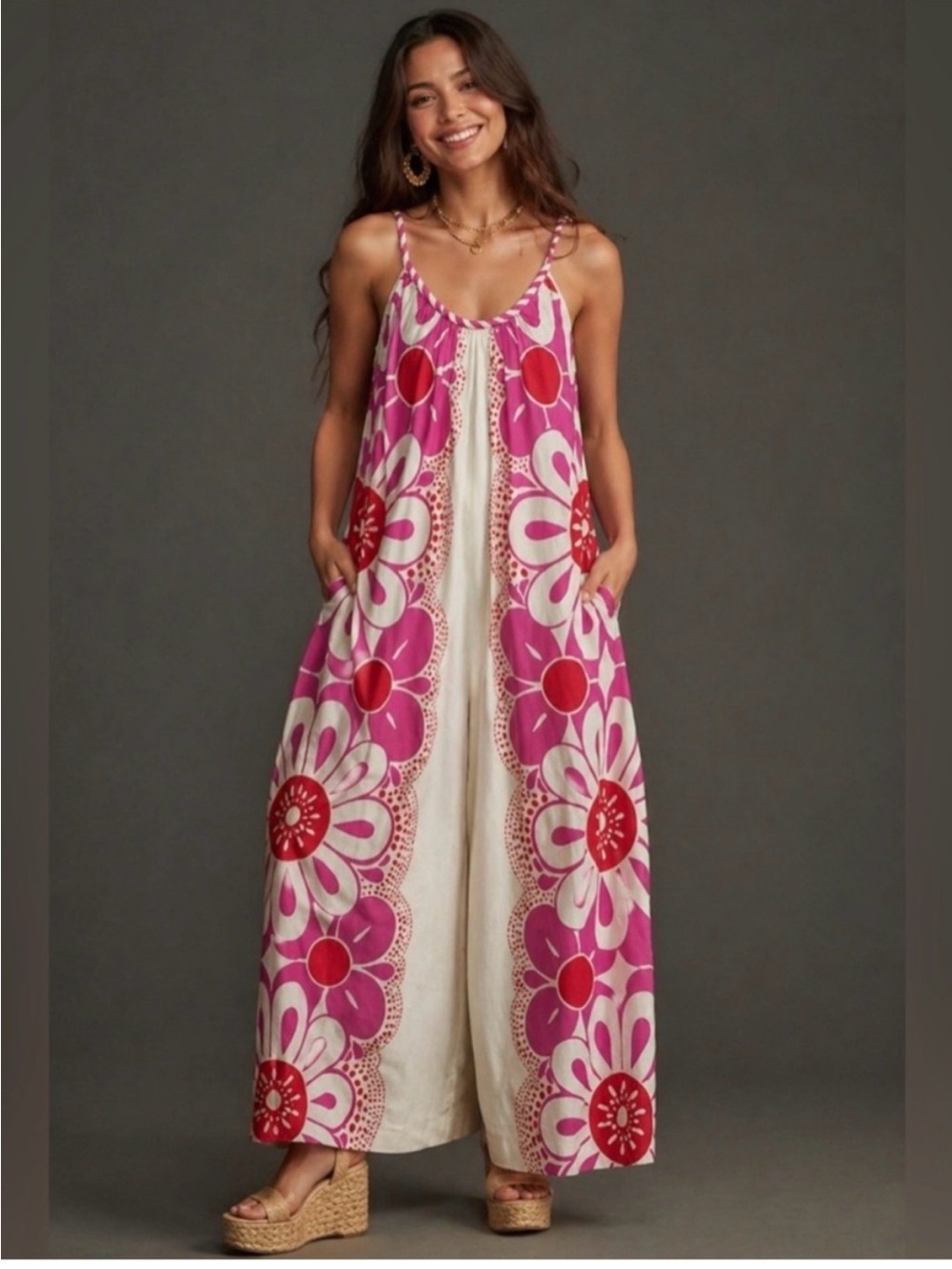 FARM Rio Pink Red Floral Wide-Leg Jumpsuit Romper